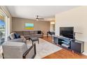 Comfortable living room featuring a plush sofa, modern decor, and plenty of natural light at 12202 N Hacienda Dr, Sun City, AZ 85351