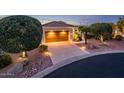 Charming home featuring a two-car garage and meticulously landscaped front yard with warm pathway lighting at 23318 N Las Positas Ct, Sun City West, AZ 85375