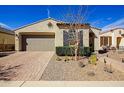 Single-story home featuring a large garage door, desert landscaping, and a paved driveway on a sunny day at 5844 S Tobin --, Mesa, AZ 85212