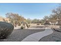 Desert landscaped backyard with gravel, decorative cacti, small trees and a paved path at 40265 N Acadia Ct, Anthem, AZ 85086