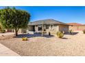 Lovely desert landscaped front yard featuring mature trees and cacti at 11026 E Nopal Ave, Mesa, AZ 85209