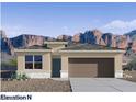 New construction home with desert landscaping, neutral colored stucco, and stone accents at 10619 W Sonrisas St, Tolleson, AZ 85353
