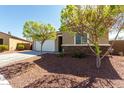 Charming single-story home showcasing a two-car garage, desert landscaping, and stone accents at 101 W Seven Seas Dr, Casa Grande, AZ 85122