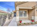 Close-up of a cozy front porch with decorative flower pots and an inviting entrance at 17526 W Coyote Trail Dr, Goodyear, AZ 85338