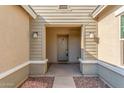 Inviting entryway with decorative door, neutral paint, and covered porch leading to the front door at 21090 E Camina Buena Vis, Queen Creek, AZ 85142