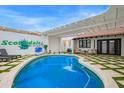 Lush backyard with a private pool, covered patio, and a Scottsdale sign at 2629 S Country Club Way, Tempe, AZ 85282