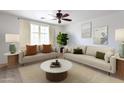 Bright living room boasts neutral tones, a large window, and stylish furnishings, creating an inviting and comfortable space at 32160 N Dog Leg Ct, San Tan Valley, AZ 85143