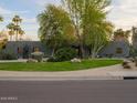 Stunning modern home featuring professional landscaping, mature trees, and desert foliage at 8433 E Cholla St, Scottsdale, AZ 85260