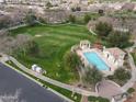 Aerial view of community pool with shade structure, lounge chairs, landscaping, and nearby green space at 3438 E Betsy Ln, Gilbert, AZ 85296
