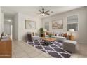 Bright living room with stylish decor, including a patterned rug, comfortable seating, and decorative artwork at 29065 N Fire Agate Rd, San Tan Valley, AZ 85143