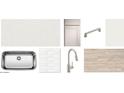 Selection of design studio materials including quartz countertop, cabinet door, brushed nickel faucet, and flooring at 24091 W Bowker St, Buckeye, AZ 85326