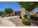 Inviting single-story home with a two-car garage, neutral stucco, and neat landscaping at 18658 N Desert Willow Dr, Maricopa, AZ 85138