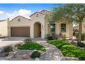 Single-story home boasting meticulously manicured landscaping, including beautiful green accents and stone pathway at 21867 N 263Rd Dr, Buckeye, AZ 85396