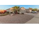 Single-story home featuring desert landscaping, a mature palm tree, a two-car garage, and a separate one-car garage at 13913 N 133Rd Dr, Surprise, AZ 85379