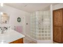 Bright bathroom with a glass block shower, and wood cabinets, offering a clean and functional space at 11046 E Naranja Ave, Mesa, AZ 85209