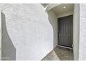 A close up of the home's entryway shows the front door and the textured exterior wall at 40440 W Haley Dr, Maricopa, AZ 85138