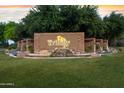 Waterfall feature at the Trilogy community entrance with lush landscaping and evening sky at 4674 E Alfalfa Dr, Gilbert, AZ 85298