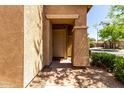Inviting covered front entry with a tan door and decorative pillars, landscaped with bushes at 560 E Rainbow Dr, Chandler, AZ 85249