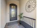 Elegant front door with decorative metal accents, potted plant, and bench at 2113 N Trowbridge St, Mesa, AZ 85207