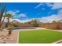 Expansive backyard boasting an artificial turf area, a sparkling pool with rock features, and mature landscaping at 8867 E Avenida Las Noches --, Gold Canyon, AZ 85118