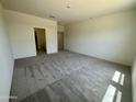 Expansive bedroom space featuring neutral walls, plush gray carpeting, and an inviting doorway leading to the bathroom at 6078 E Artemis Dr, Florence, AZ 85132