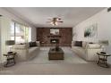 Inviting living room with a brick fireplace, neutral color palette, and large windows that fill the space with natural light at 11451 S Half Moon Dr, Phoenix, AZ 85044