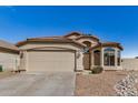 Beige single-Gathering home with a two-car garage, desert landscaping and a red tile roof with beautiful blue sky at 41848 W Michaels Dr, Maricopa, AZ 85138