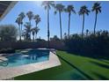 Private backyard oasis featuring a sparkling pool, lush synthetic grass, and towering palm trees at 4807 E Everett Dr, Scottsdale, AZ 85254