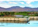Scenic golf course view with a black swan swimming in the water and the mountain range in the background at 11300 N Casa Dega Dr # 1006, Surprise, AZ 85388