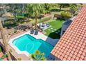 Aerial shot of a backyard featuring a pristine pool, palm trees, green lawn, and outdoor seating area at 19277 N 78Th Ln, Glendale, AZ 85308