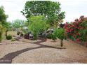 Large back yard with gravel, mature trees, pavers, outdoor seating, and blooming flowers at 3957 N 148Th Dr, Goodyear, AZ 85395