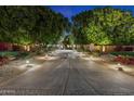 Long driveway leading to a home with mature trees, decorative bushes, and ambient lighting at 6402 E Chaparral Rd, Paradise Valley, AZ 85253