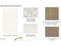 Sample board showcasing white cabinets, herringbone backsplash, quartz countertops, and natural wood flooring at 12564 W Trumbull Rd, Avondale, AZ 85392
