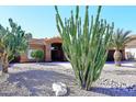 Desert landscaping and large cacti frame the front of this attractive home with a cozy, covered entryway at 6323 E Nisbet Rd, Scottsdale, AZ 85254