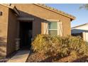 Inviting front entrance with decorative shutters, green landscaping and a charming front door at 3982 E Sidesaddle Rd, San Tan Valley, AZ 85140