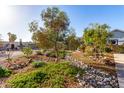 Landscaped front yard featuring desert foliage, rocks, and decorative bark, complementing the home's curb appeal at 6338 E Camelot Dr, Mesa, AZ 85215