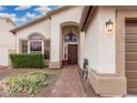 Charming front door entrance with brick pathway, decorative plants, and stylish light fixture at 1252 N Jackson St, Gilbert, AZ 85233