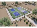 Aerial view of community pickleball courts featuring green and blue surfaces, benches, and netting at 14776 W El Cortez Pl, Surprise, AZ 85387