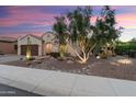 Attractive single-story home with manicured desert landscaping, mature trees, and inviting curb appeal at 21854 N 263Rd Dr, Buckeye, AZ 85396