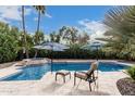 Lush outdoor space showcasing a sparkling swimming pool perfect for relaxation and enjoying the tropical backyard at 11101 W Sieno Pl, Avondale, AZ 85392