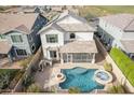 Aerial view of a backyard featuring a pool, spa, fire pit, and covered patio at 4381 E Rawhide St, Gilbert, AZ 85296