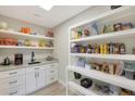 Well-organized pantry with open shelving, white cabinets, and a granite countertop sink area at 1960 Leisure World --, Mesa, AZ 85206