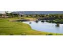 Scenic view of a lush green golf course with a serene pond and surrounding mature trees at 25186 N 156Th Ln, Surprise, AZ 85387