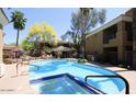 Community pool and hot tub surrounded by mature palm trees and lounge chairs at 1411 E Orangewood Ave # 123, Phoenix, AZ 85020