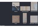 Selection of finish samples including cabinets, backsplash, counter tops, carpet, floor tile, and vanities at 1127 E Mcneil St, Phoenix, AZ 85042