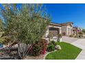 Beautiful landscaping frames this home exterior, featuring lush plants and stone accents enhancing the curb appeal at 36053 N Stoneware Dr, Queen Creek, AZ 85140