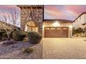 Home exterior featuring stone accents, desert landscaping, and a brick driveway at 8542 E Indigo St, Mesa, AZ 85207
