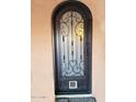 Elegant black iron security door with decorative swirls, glass panel, and a pet door at the bottom at 5301 W Vernon Ave, Phoenix, AZ 85035