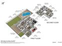 Detailed floor plan showcasing the layout of the home's first and second floor including bedrooms, kitchen, garage and pool at 3419 E Rosa Ln, Gilbert, AZ 85297