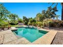 Beautiful backyard featuring a spacious pool and lush landscaping with mature trees at 5206 S Fairchild Ln, Chandler, AZ 85249